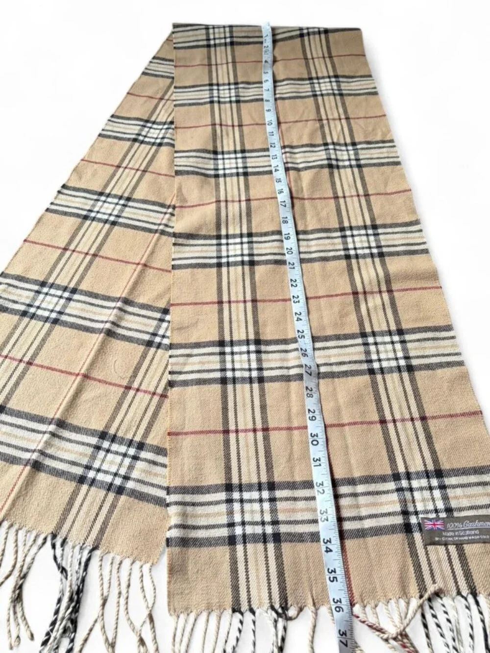 Vintage 100% Cashmere Beige, Black, White & Red Plaid Scarf  Tartan pattern